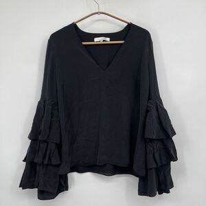 Alexis V-neck long-sleeve blouse in black silk with ruffled cuffs Sz M